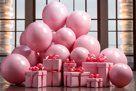 A generative AI image of pink helium party balloons floating on a pink background. The concept of celebration and fun.の素材