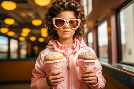 A young girl in pink sunglasses with two ice creams in a pink jacket. Concept of sweet and delicious food.の素材