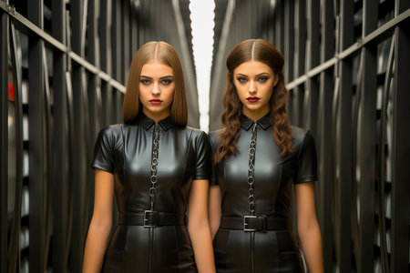 Two beautiful female models in black leather dresses. Beauty and fashion concept.の素材