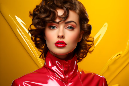 Large portrait of a young woman with beautiful lips, eyes and fashionable hairstyle on yellow background. Beauty and fashion concept.の素材