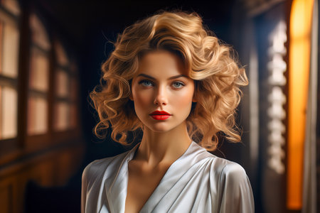 Close-up of a young blonde woman in a white shirt. The concept of beauty and fashion.の素材