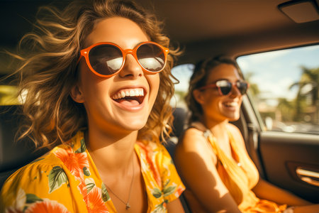 Two young girls in summer clothing are traveling in a car. The concept of tourism and travel.の素材