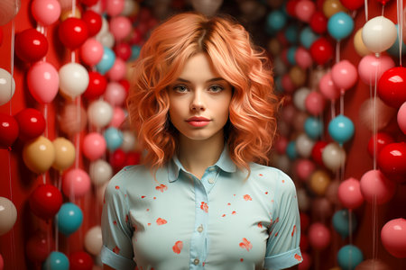 Happy young girl with red hair in the park on the background of colorful balloons. Beauty and fashion concept.の素材