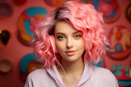 Pretty woman with pink hair wearing headphones smiling on pink background. Concept of good music and positive mood.の素材