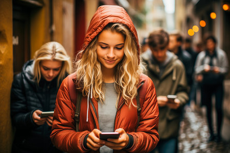 Young men and women are looking at their phones. The concept of a mobile application.の素材
