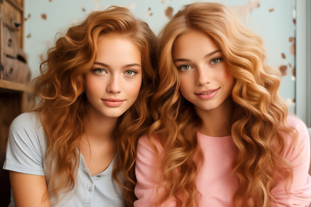 Two beautiful models, sisters with red hair. Beauty and fashion concept.の素材