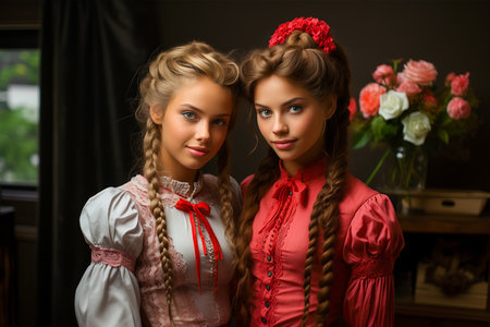 Two beautiful model girls in national costumes in red and white shirts. Beauty and fashion concept.の素材