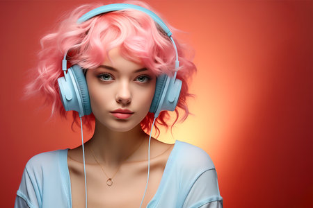 Pretty woman wearing headphones smiling on pink background. Concept of good music and positive mood.の素材