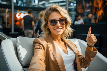 A young and beautiful business lady in sunglasses is sitting in a cafe and giving a big thumbs-up. The concept of a positive business vision.の素材