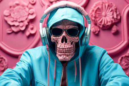Skull in a blue hoodie with headphones on a pink background. Concept of beauty and fashion.の素材