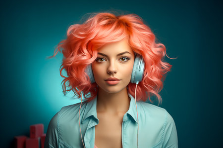 Pretty woman wearing headphones smiling on blue background. Concept of good music and positive mood.の素材