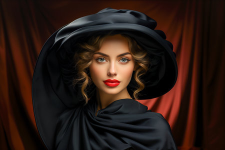 Close-up of a young blonde woman in a black dress and black hat. The concept of beauty and fashion.の素材