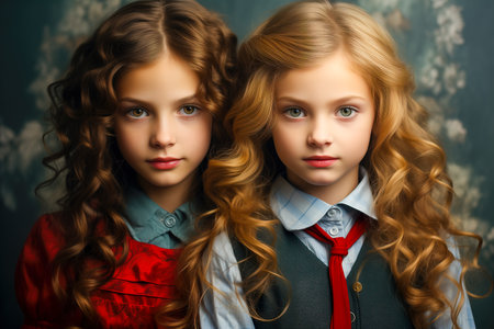 Two beautiful model girls in red and blue shirts on a black background. Beauty and fashion concept.の素材