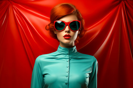 A young woman in sunglasses and a turquoise leather jacket on a red background. The concept of beauty and fashion.の素材