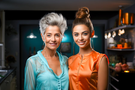 Smiling elderly mother and daughter indoors. Beauty and fashion concept.の素材