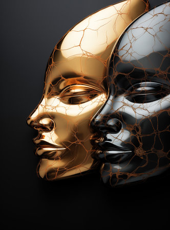 Two female marble faces, one golden and one black. The concept of art.の素材