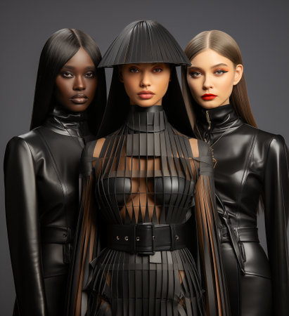 Gorgeous three female models in black dresses. The concept of beauty and fashion.の素材