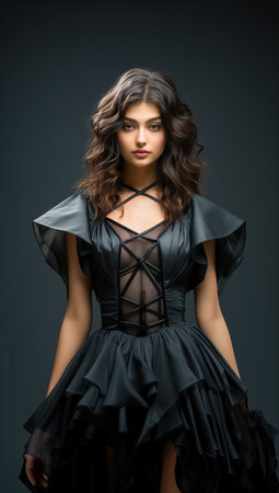 Beautiful young woman in a black dress. Concept of beauty and fashion.の素材