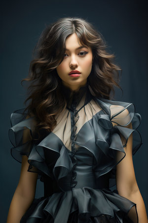 Beautiful young woman in a black dress. Concept of beauty and fashion.の素材