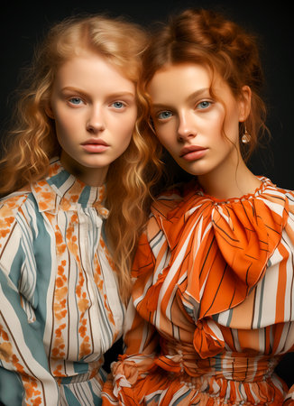 Two model girls, curly-haired sisters. The concept of beauty and fashion.の素材