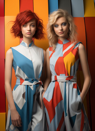 Two model girls, curly-haired sisters. The concept of beauty and fashion.の素材