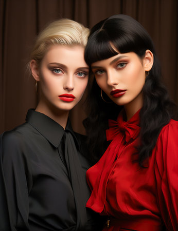 Two model girls, curly-haired sisters. The concept of beauty and fashion.の素材