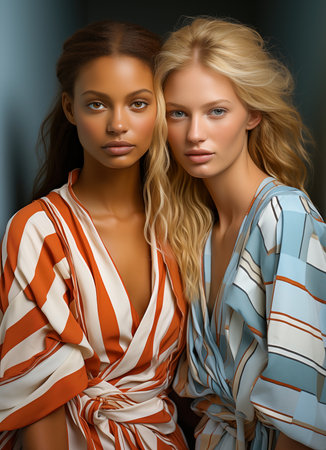 Two model girls, curly-haired sisters. The concept of beauty and fashion.の素材