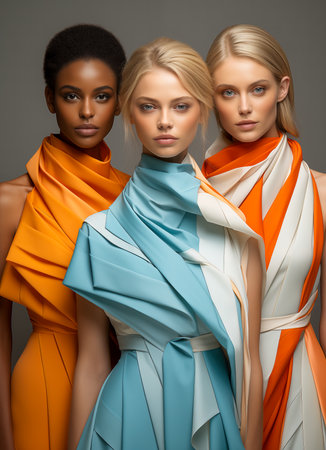 Three young female models. Concept of beauty and fashion.の素材