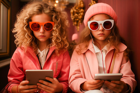 Two girls dressed in pink clothes with sunglasses are looking at their phones. The concept of entertainment and relaxation.の素材