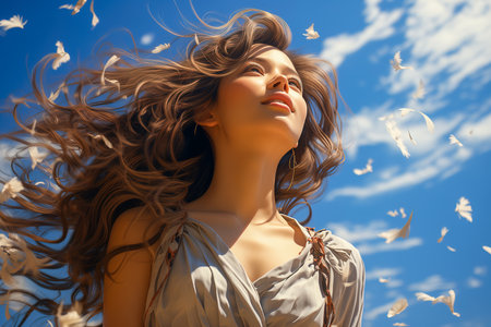Young woman with curly hair. Beauty and fashion concept.の素材