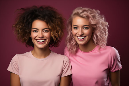 Two young female models in pink T-shirts on a pink background. Beauty and fashion concept.の素材