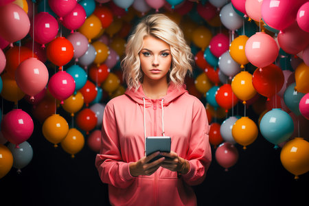 A beautiful, young woman in pink clothing, holding a phone. The concept of business or phone communication.の素材