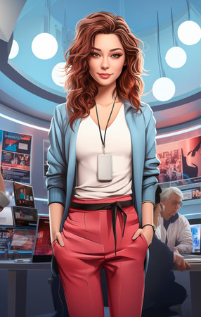 Illustration of a young woman in pink trousers and a blue jacket. Beauty and fashion concept.の素材