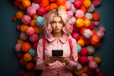A beautiful, young woman in pink clothing, holding a phone. The concept of business or phone communication.の素材