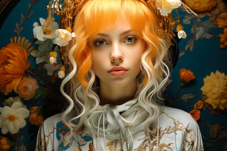 Portrait of a beautiful surprised red-haired girl with waving curly hair. Colorful background.の素材