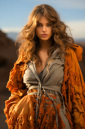 Beautiful female model in orange dress. Beauty and fashion concept.の素材