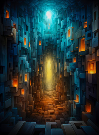 Illustration of a blue square futuristic tunnel. Concept of futurism.の素材