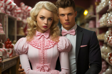 Festively dressed young couple for Valentine's Day or a wedding. Beauty and fashion concept.の素材