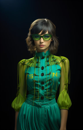 Young woman in green dress and green glasses on black background. Beauty and fashion concept.の素材