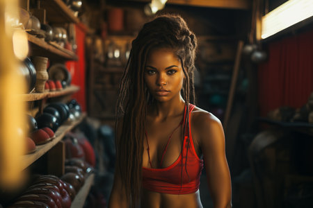 A young African American female athlete plays sports. The concept of sport and recreation.の素材