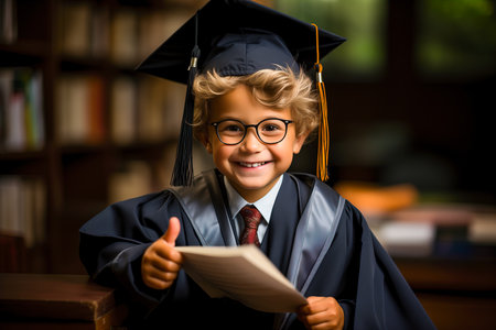 Portrait of a cute boy in an academic robe and cap. Concept of education and learning.の素材