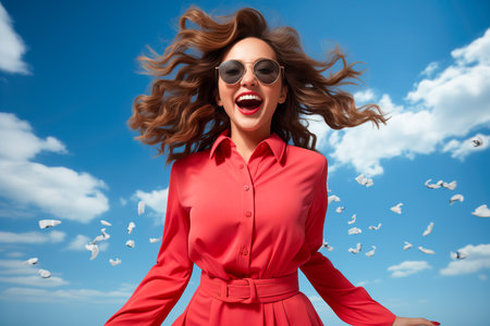 A young woman in a red dress against the sky. Beauty and sky concept.の素材