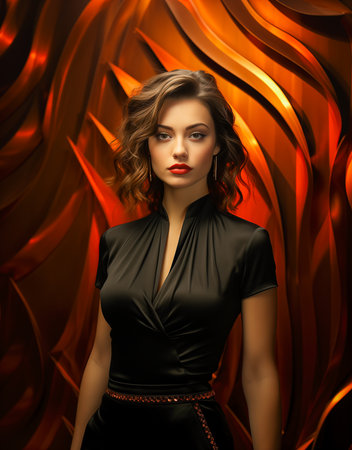 Young female model in black dress on dark orange background. Beauty and fashion concept.の素材