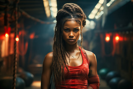 A young African American female athlete plays sports. The concept of sport and recreation.の素材