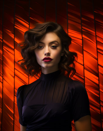 Young female model in black dress on dark orange background. Beauty and fashion concept.の素材