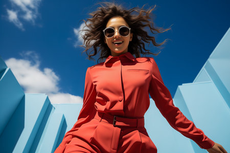 A young woman in a red dress against the sky. Beauty and sky concept.の素材
