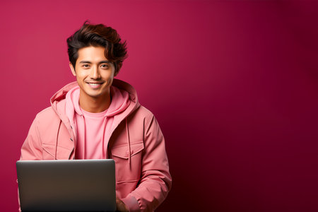 A young man sits with a laptop in pink clothing on a pink background with space for text. Concept of working on a computer.の素材