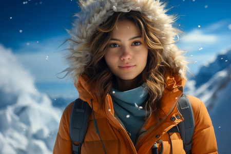 A young woman in a warm orange jacket and a backpack. Beauty and fashion concept.の素材