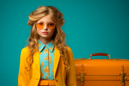 A little girl in a yellow suit with luggage. Traveling with luggage concept.の素材