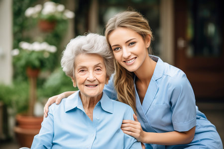 Nurse caring for an elderly woman at home. Support from a geriatric physician or a nursing and elderly caregiver. Health care.の素材